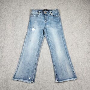 Liverpool Crop Flare Jeans Womens 6/28 Blue Distressed Raw Hem Denim